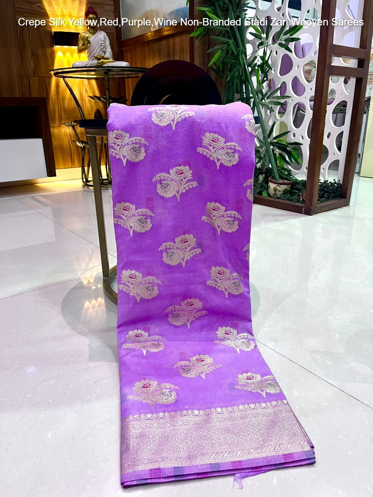 Crepe Silk Yellow,Red,Purple,Wine Non-Branded Stadi Zari Wooven Sarees