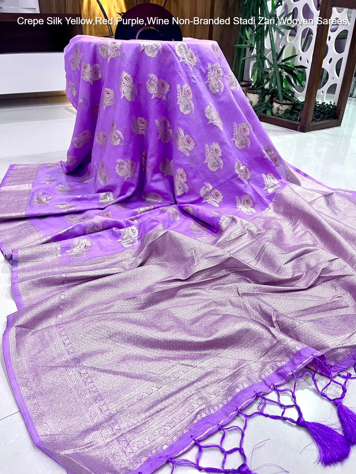 Crepe Silk Yellow,Red,Purple,Wine Non-Branded Stadi Zari Wooven Sarees