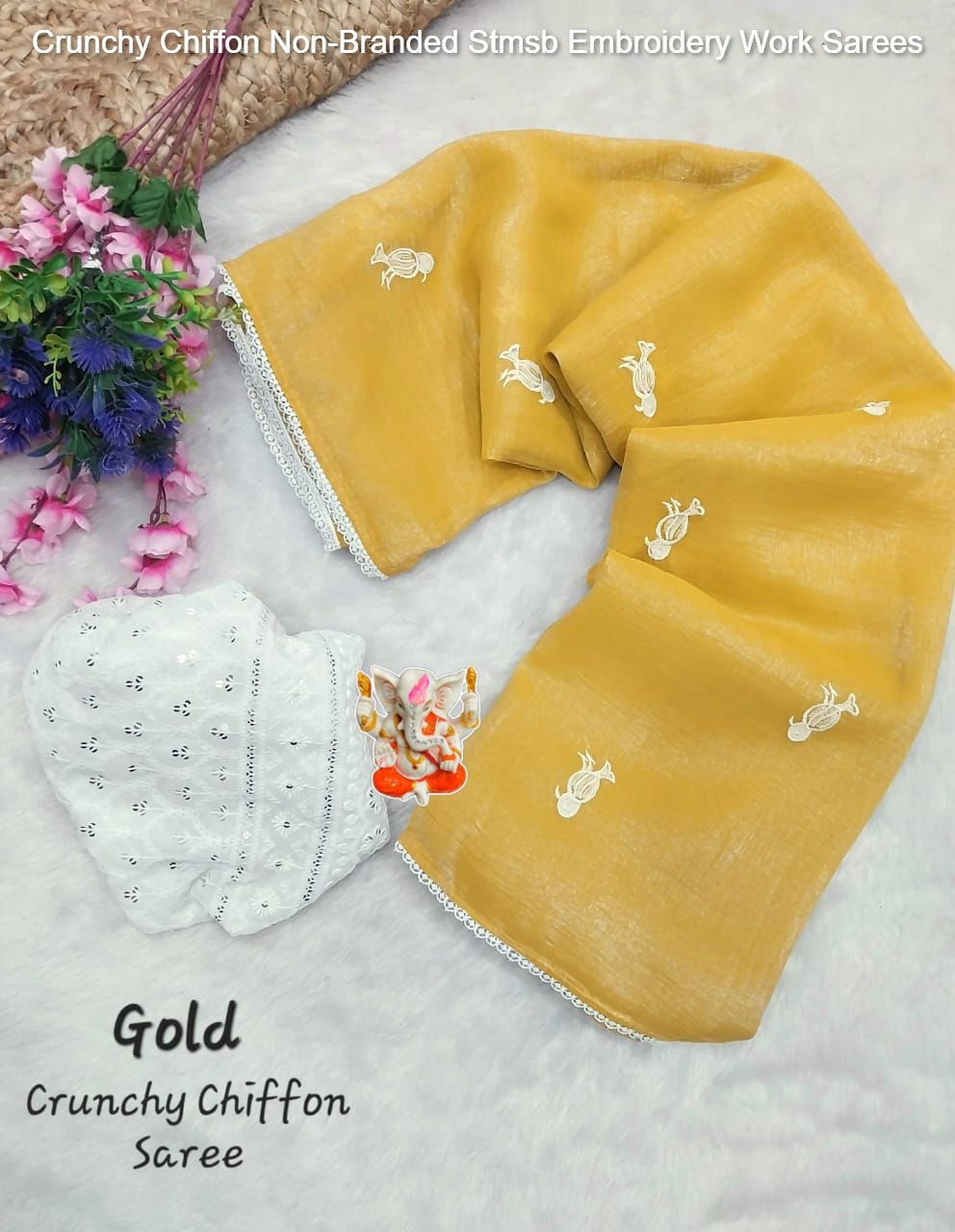 Crunchy Chiffon Non-Branded Stmsb Embroidery Work Sarees