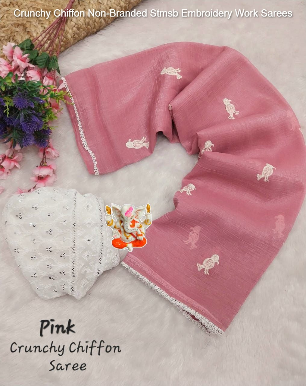 Crunchy Chiffon Non-Branded Stmsb Embroidery Work Sarees