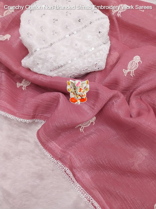 Crunchy Chiffon Non-Branded Stmsb Embroidery Work Sarees