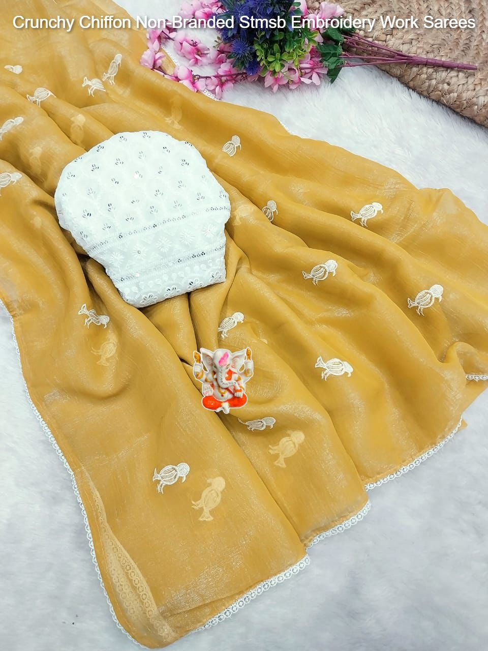 Crunchy Chiffon Non-Branded Stmsb Embroidery Work Sarees