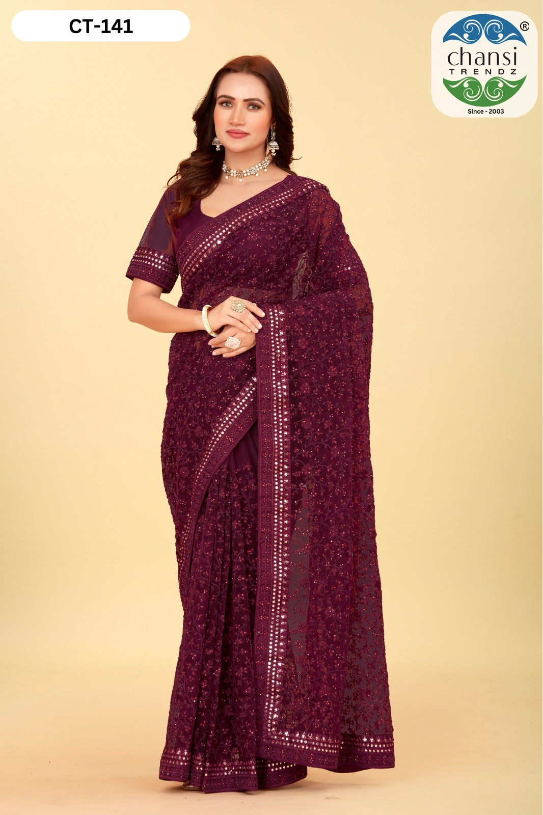 Ct-141 Maroon Chansi Trendz Diamond Work Sarees