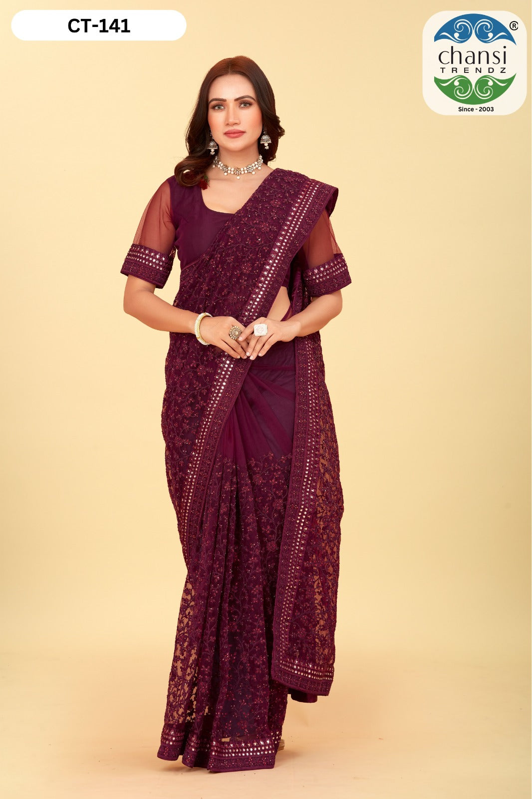 Ct-141 Maroon Chansi Trendz Diamond Work Sarees