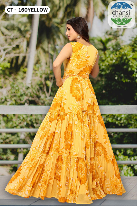 Ct-160Yellow Elegance Chansi Trendz Georgette One Piece Gown