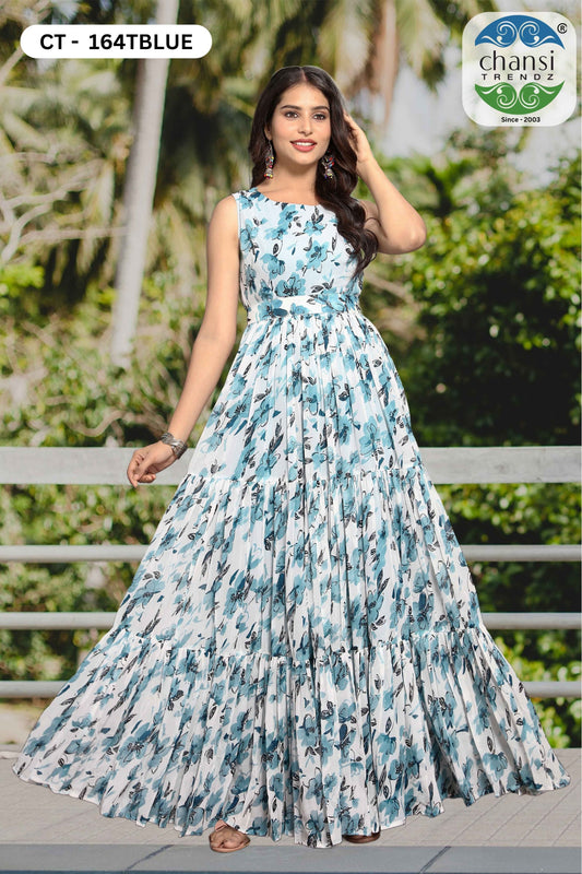 Ct-164Blue Elegance Chansi Trendz Georgette One Piece Gown