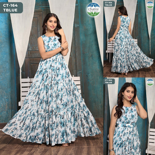 Ct-164 Blue Chansi Trendz Georgette One Piece Gown
