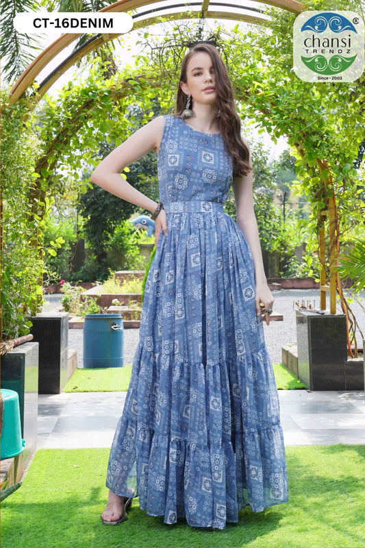 Ct-16 Blue Chansi Trendz Georgette One Piece Gown
