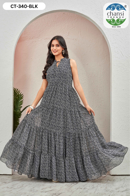 Ct-340 Black Grassy Chansi Trendz Georgette One Piece Gown
