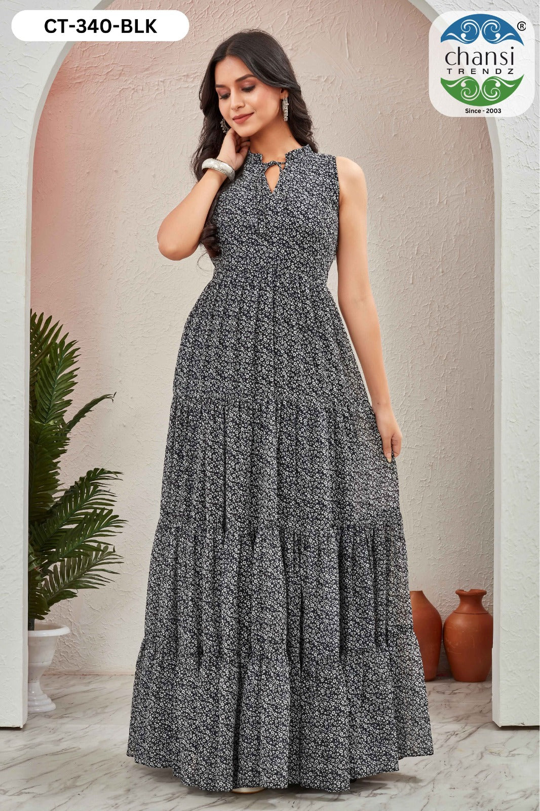Ct-340 Black Grassy Chansi Trendz Georgette One Piece Gown