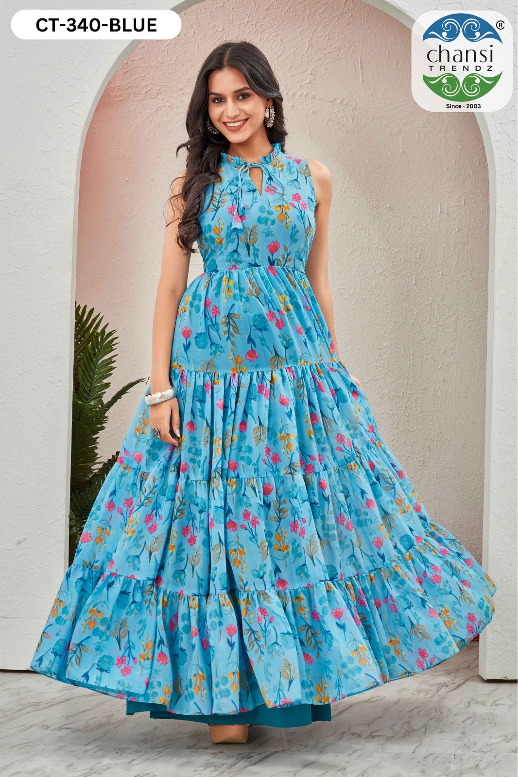 Ct-340 Blue Grassy Chansi Trendz Georgette One Piece Gown