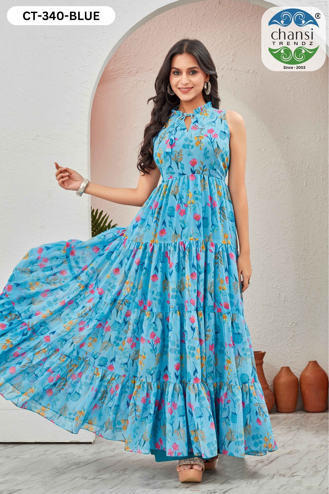 Ct-340 Blue Grassy Chansi Trendz Georgette One Piece Gown
