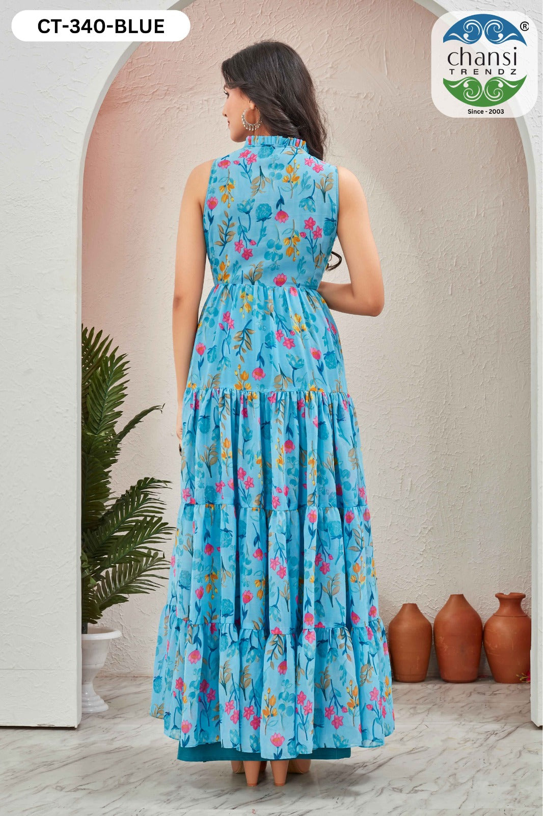 Ct-340 Blue Grassy Chansi Trendz Georgette One Piece Gown