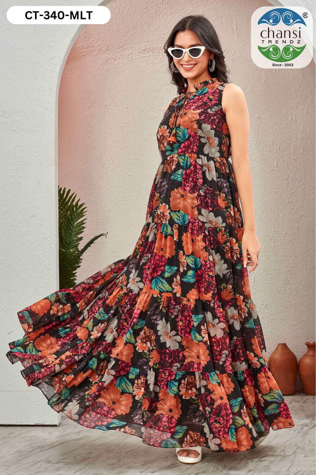 Ct-340 Multi Grassy Chansi Trendz Georgette One Piece Gown