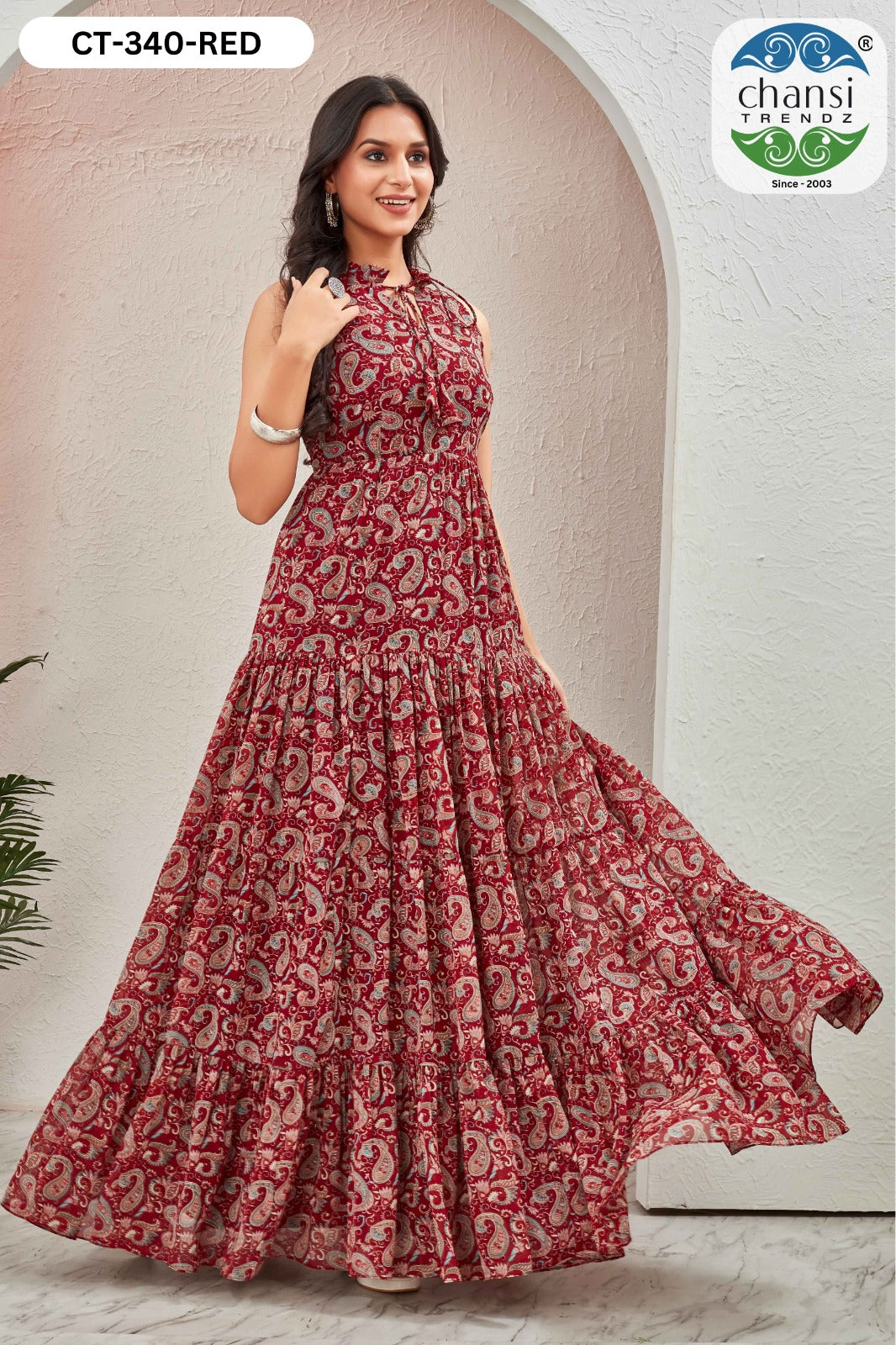 Ct-340 Red Grassy Chansi Trendz Georgette One Piece Gown