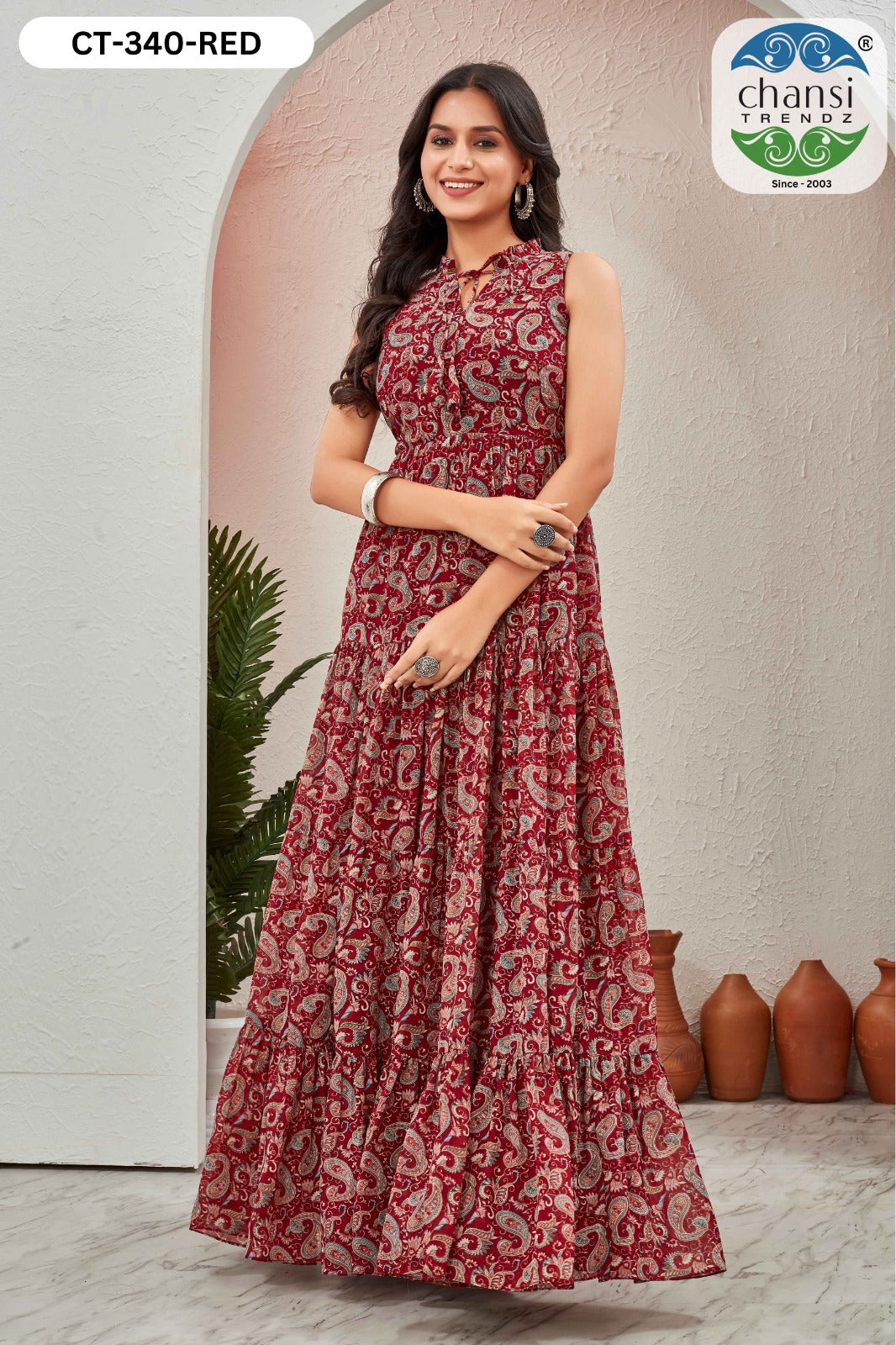 Ct-340 Red Grassy Chansi Trendz Georgette One Piece Gown