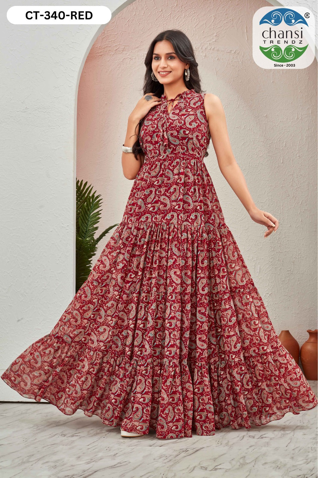 Ct-340 Red Grassy Chansi Trendz Georgette One Piece Gown