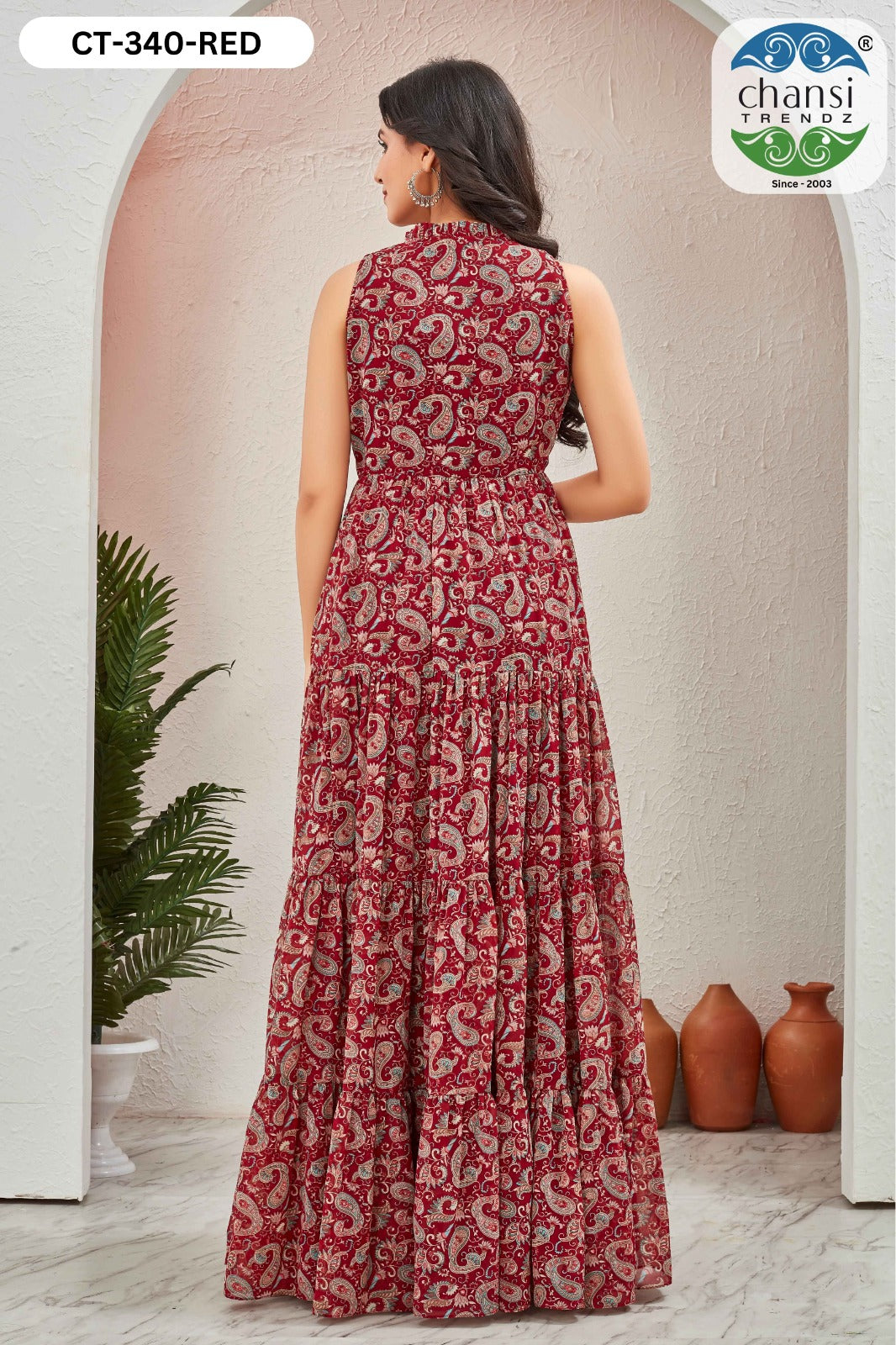 Ct-340 Red Grassy Chansi Trendz Georgette One Piece Gown