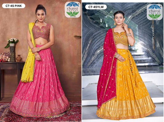 Ct-45 Pink Chansi Trendz Russian Silk Readymade Lehenga Choli