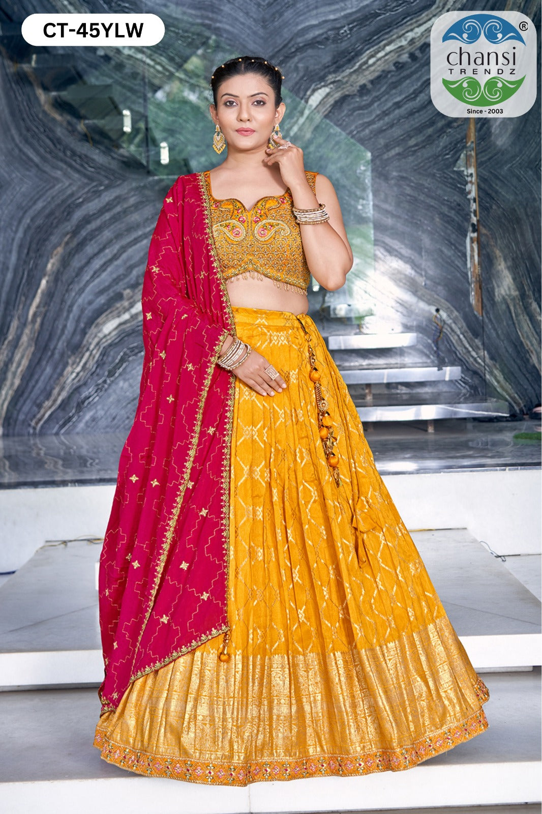 Ct-45 Yellow Chansi Trendz Russian Silk Readymade Lehenga Choli