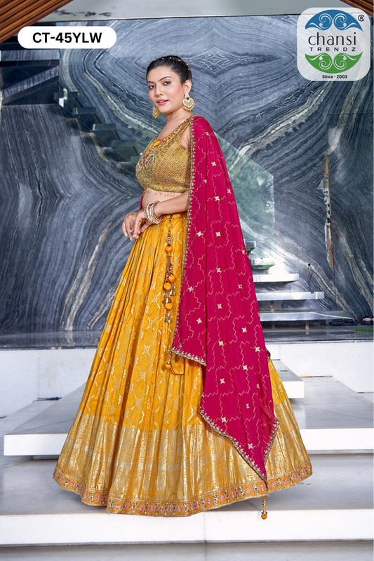 Ct-45 Yellow Chansi Trendz Russian Silk Readymade Lehenga Choli