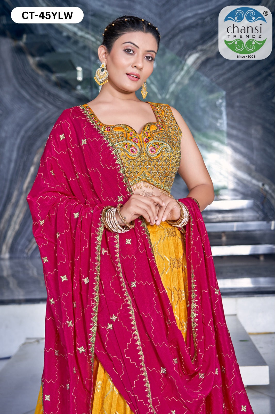 Ct-45 Yellow Chansi Trendz Russian Silk Readymade Lehenga Choli