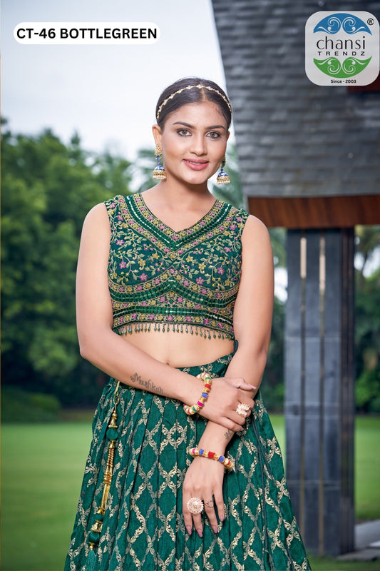 Ct-46 Bottle Green Chansi Trendz Jacquard Readymade Lehenga Choli
