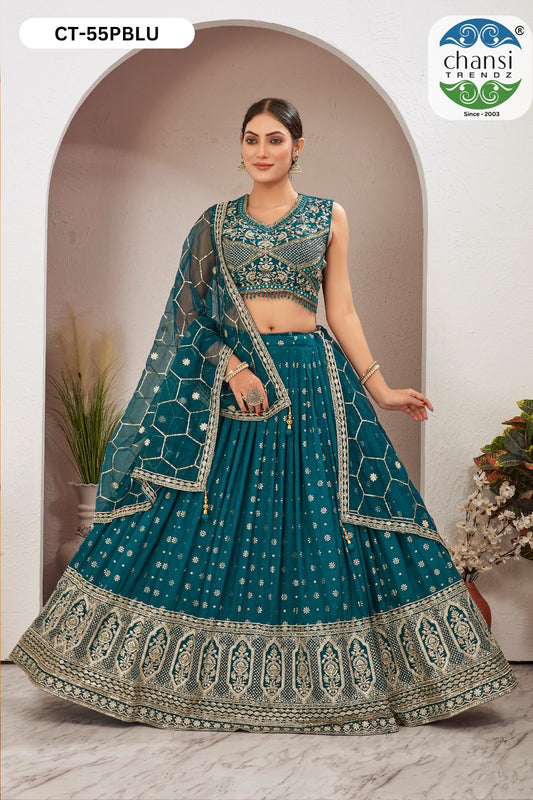 Ct-55 Pearl Blue Chansi Trendz Dola Silk Readymade Lehenga Choli