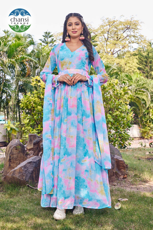 Ct-57C Aakarshini Chansi Trendz Georgette Gown Dupatta Set