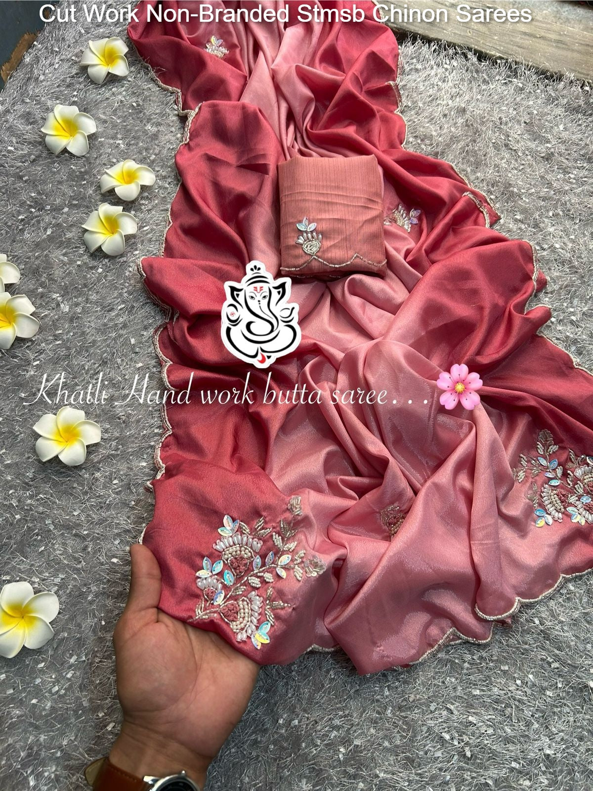 Cut Work Non-Branded Stmsb Chinon Sarees