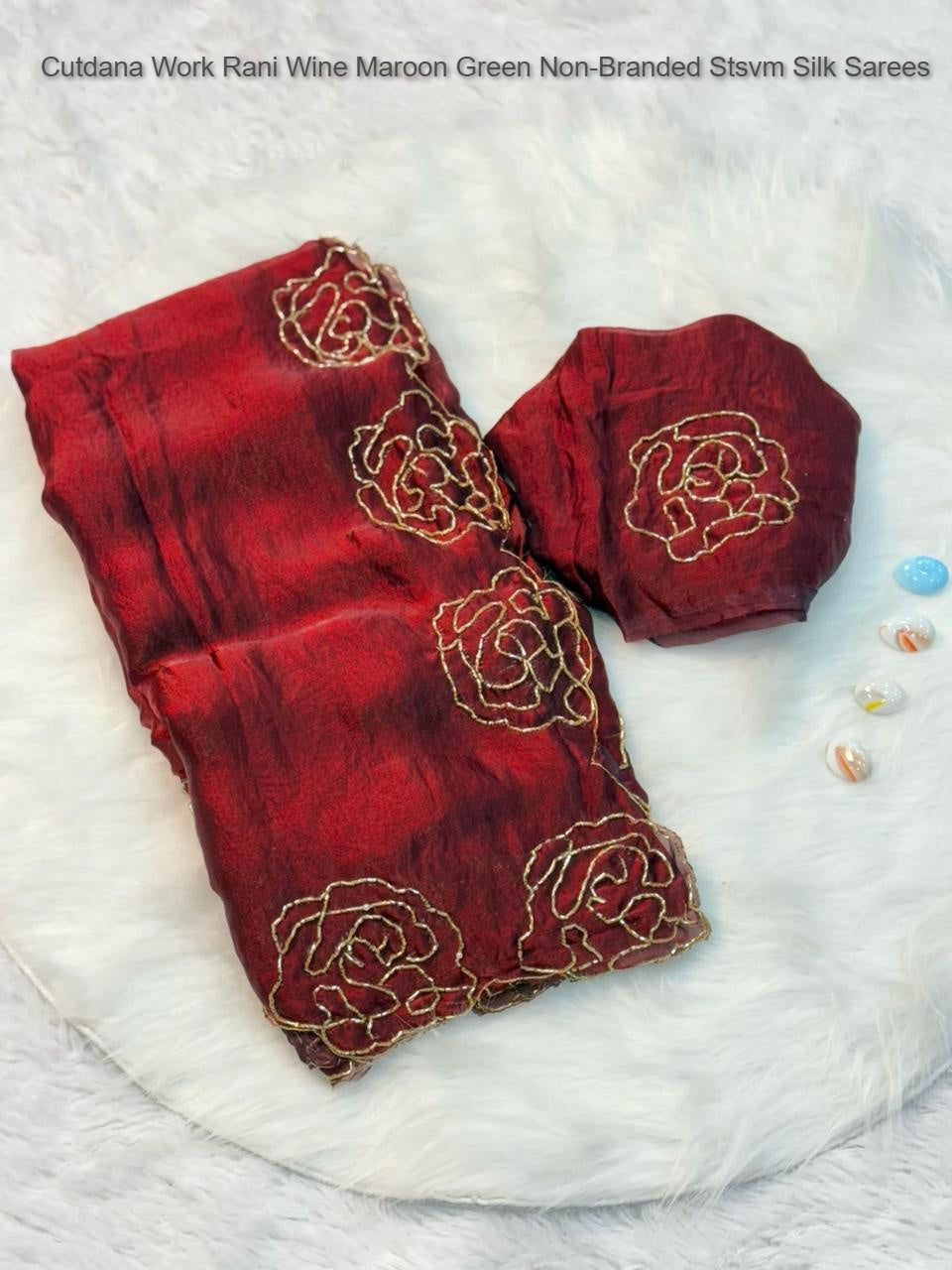 Cutdana Work Rani Wine Maroon Green Non-Branded Stsvm Silk Sarees