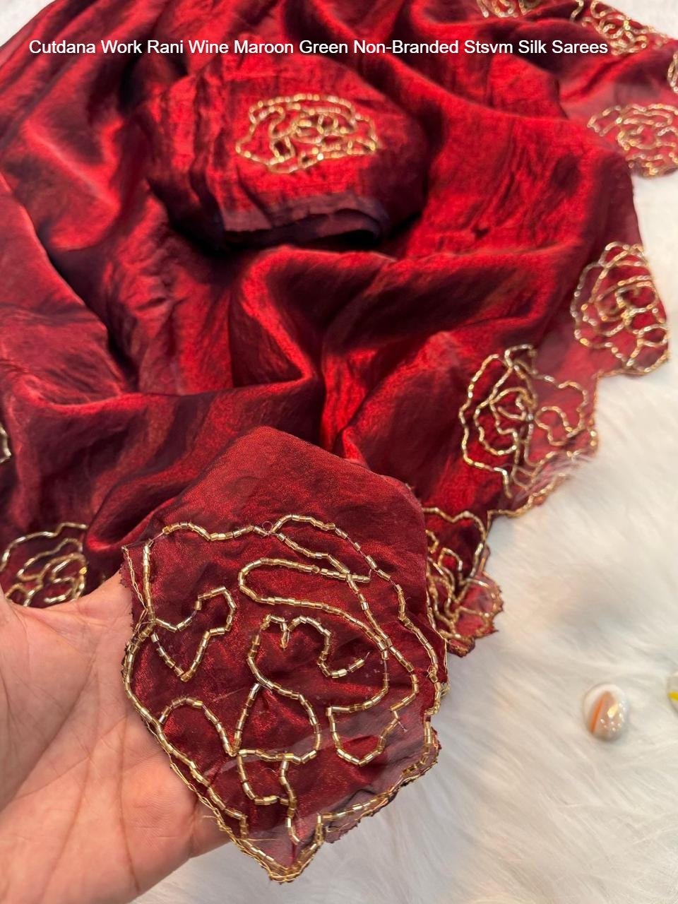 Cutdana Work Rani Wine Maroon Green Non-Branded Stsvm Silk Sarees