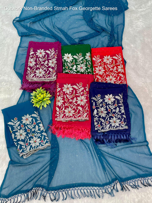 Cutwork Non-Branded Stmah Fox Georgette Sarees