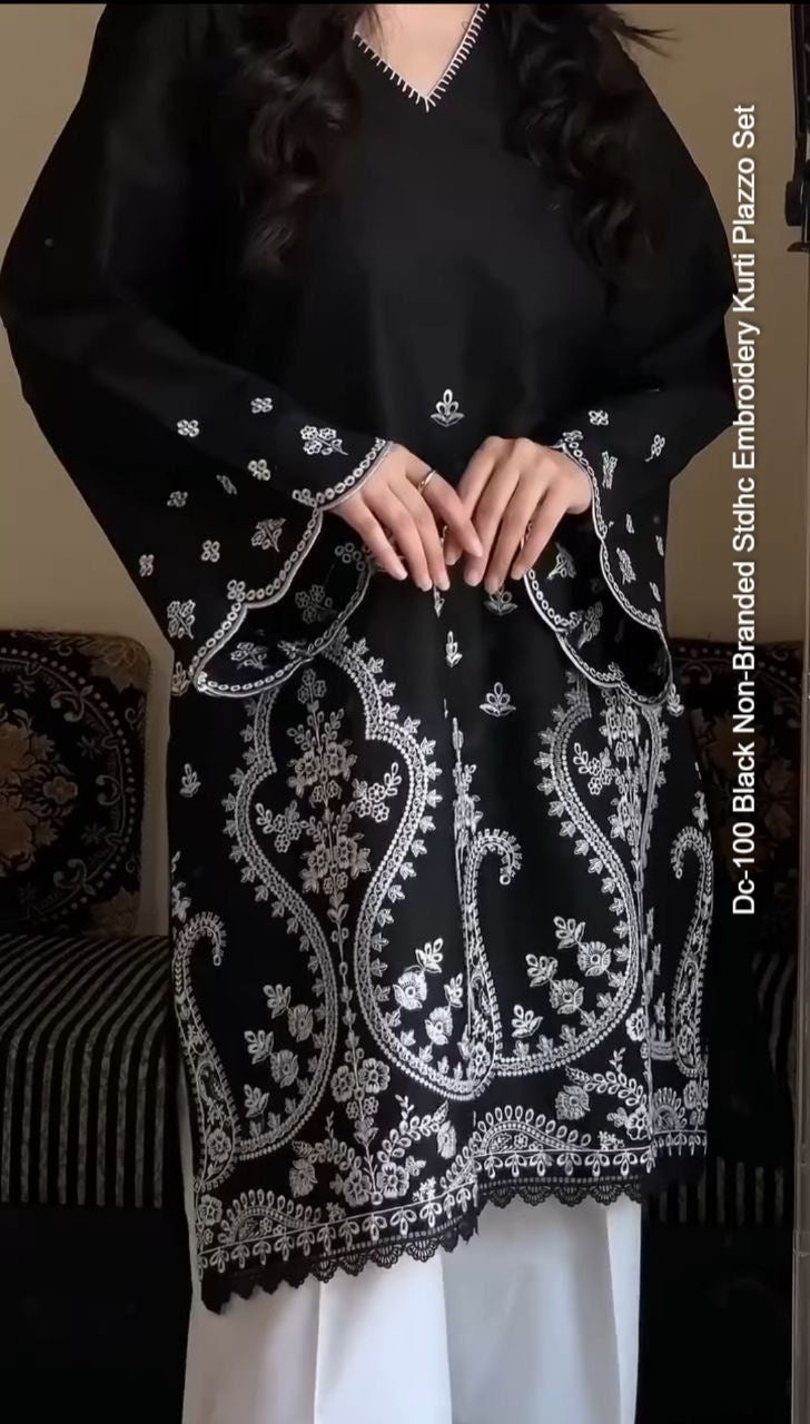 Dc-100 Black Non-Branded Stdhc Embroidery Kurti Plazzo Set