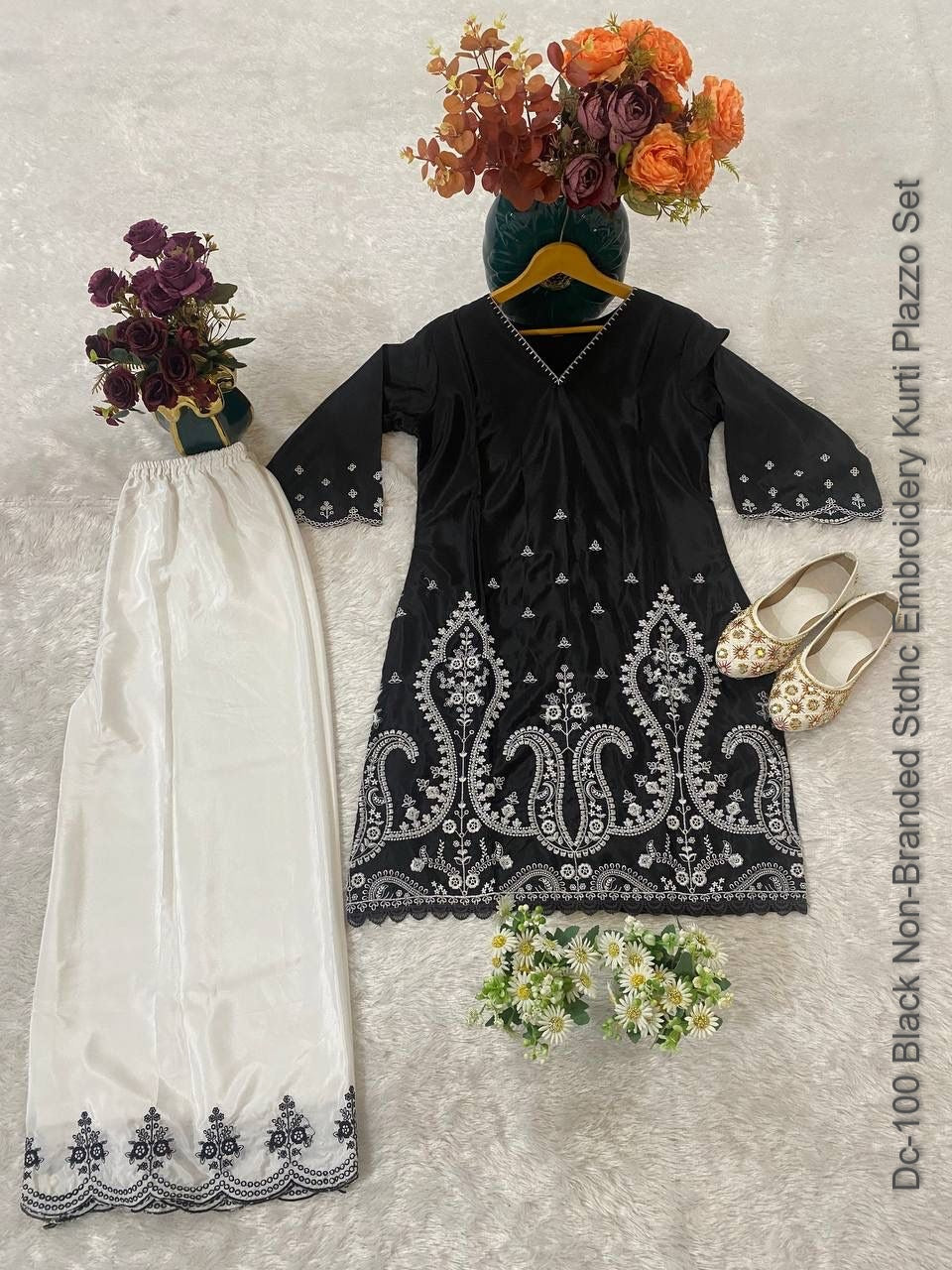 Dc-100 Black Non-Branded Stdhc Embroidery Kurti Plazzo Set