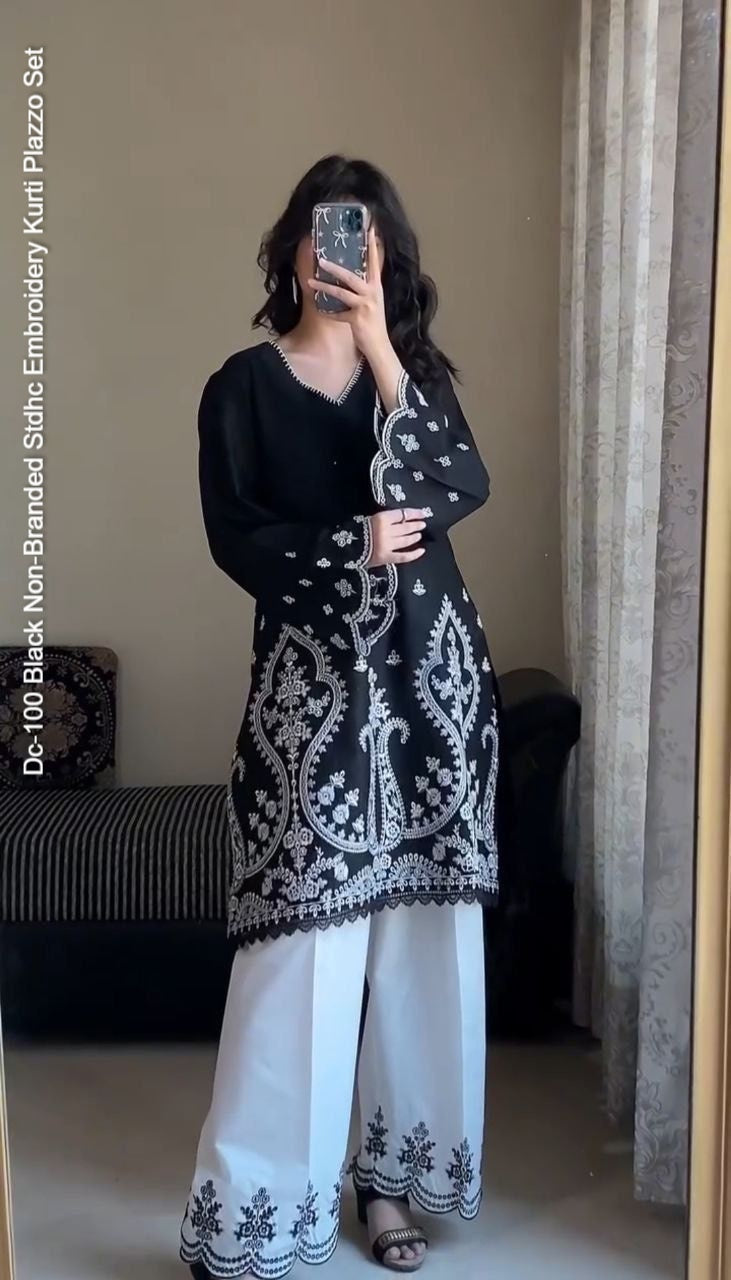 Dc-100 Black Non-Branded Stdhc Embroidery Kurti Plazzo Set