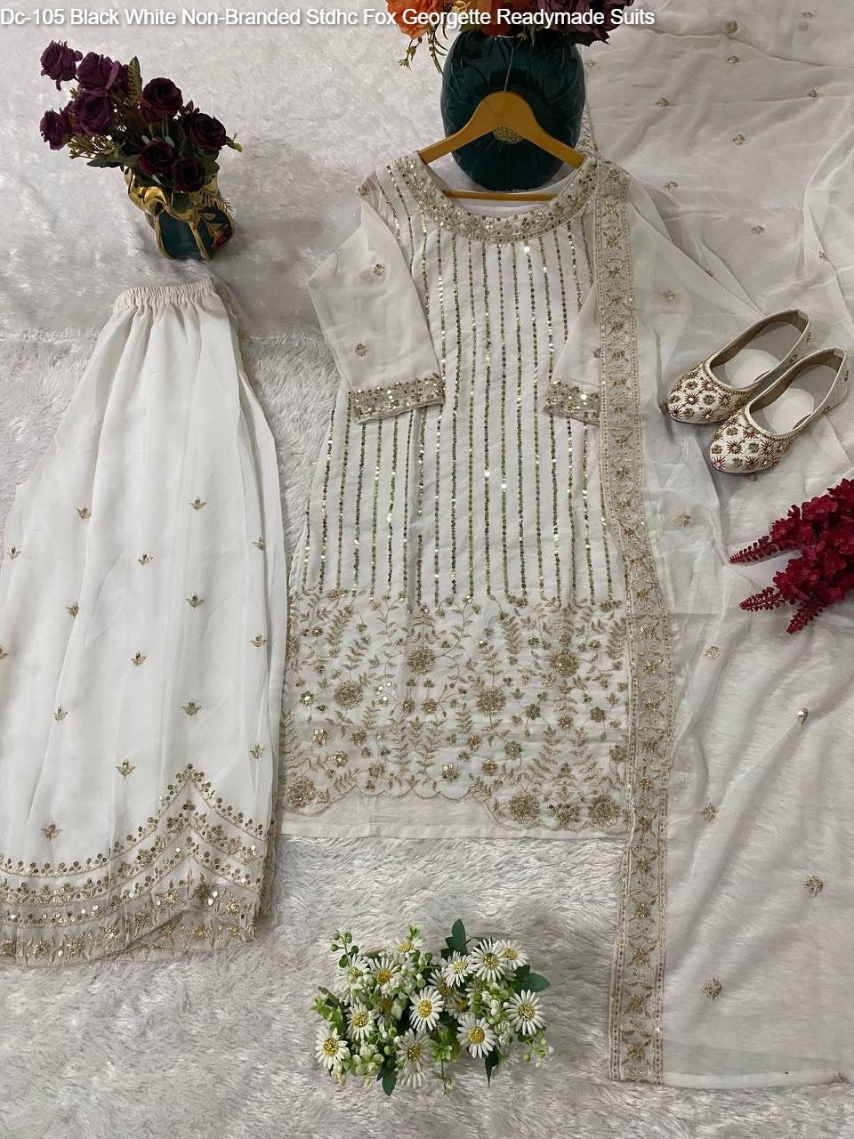 Dc-105 Black White Non-Branded Stdhc Fox Georgette Readymade Suits