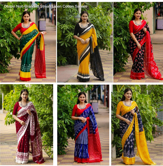 Dhruvi Non-Branded Stmah Linen Cotton Sarees