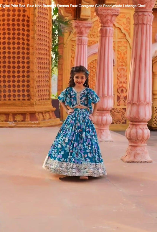 Digital Print Red, Blue Non-Branded Stmnan Faux Georgette Girls Readymade Lehenga Choli