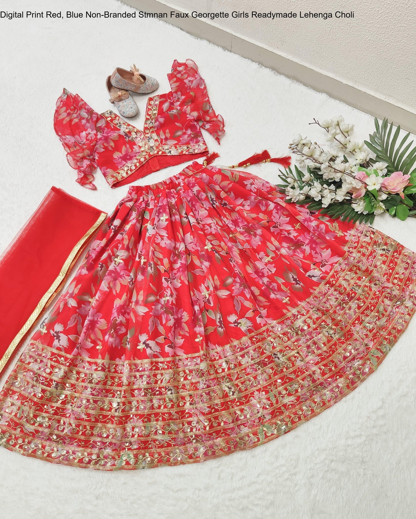 Digital Print Red, Blue Non-Branded Stmnan Faux Georgette Girls Readymade Lehenga Choli