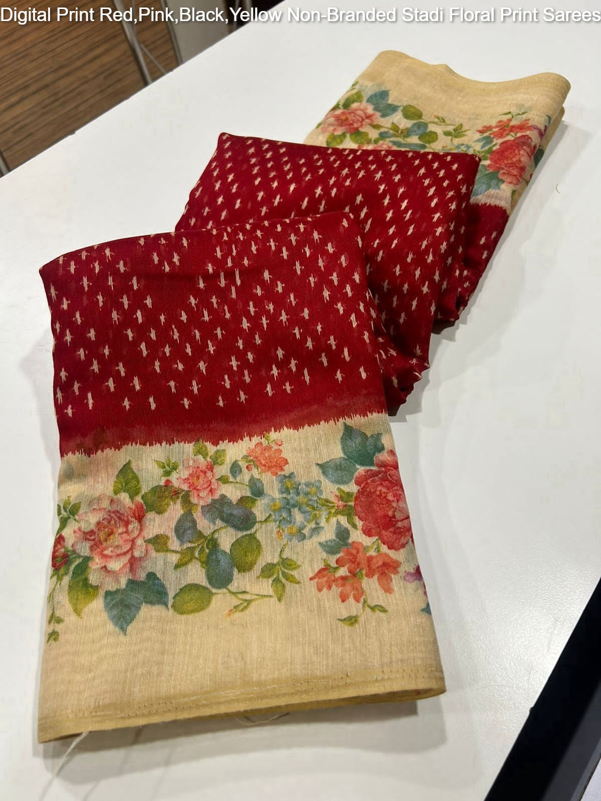Digital Print Red,Pink,Black,Yellow Non-Branded Stadi Floral Print Sarees