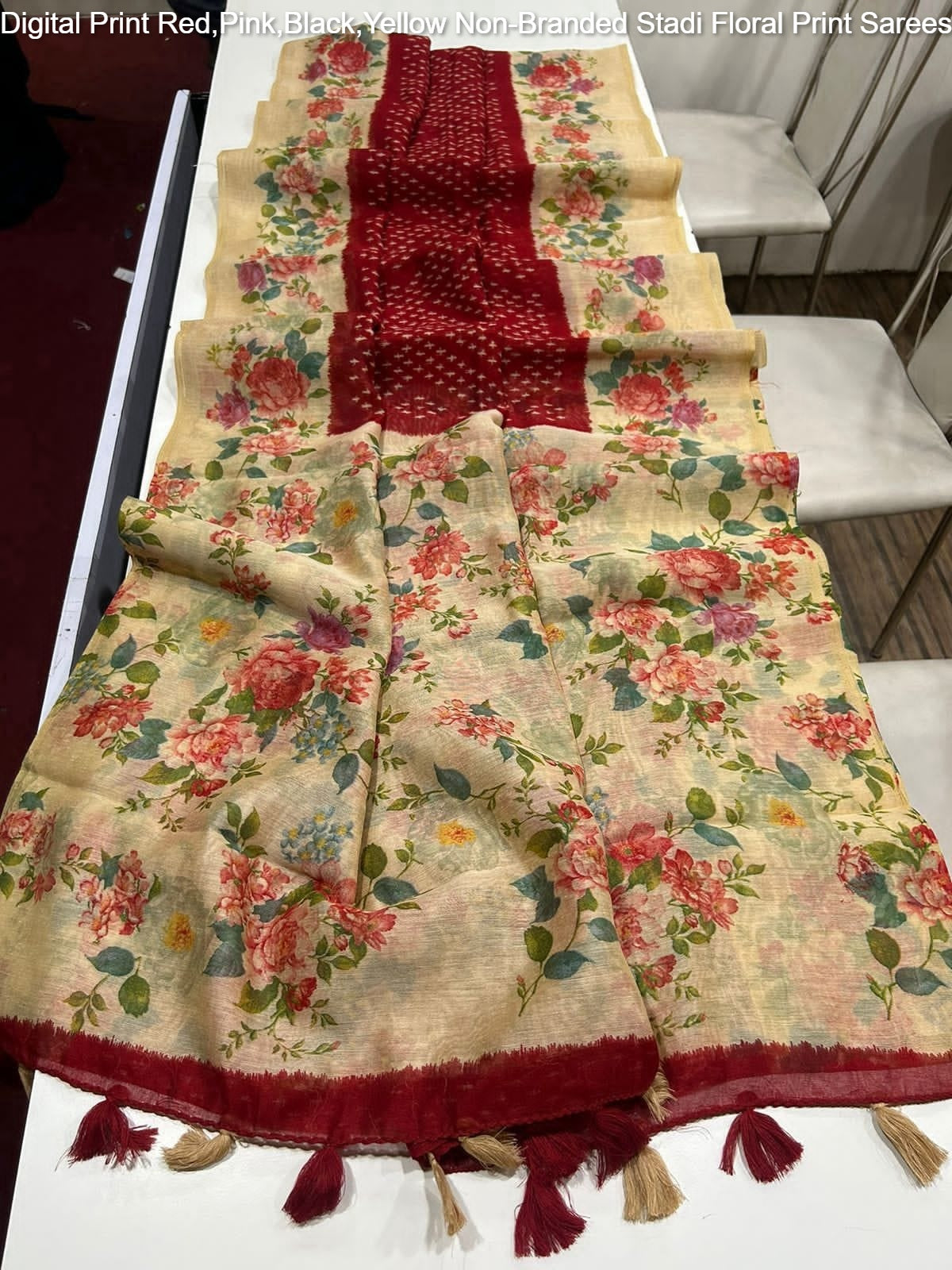 Digital Print Red,Pink,Black,Yellow Non-Branded Stadi Floral Print Sarees