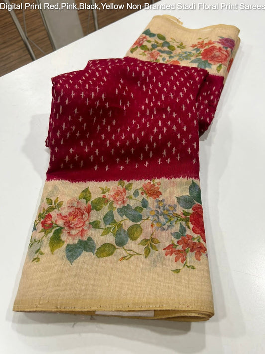 Digital Print Red,Pink,Black,Yellow Non-Branded Stadi Floral Print Sarees