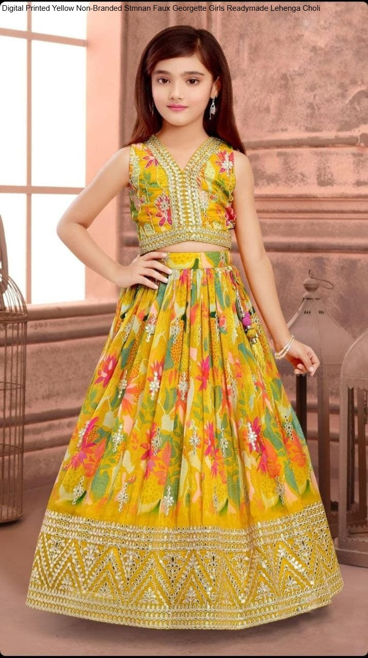 Digital Printed Yellow Non-Branded Stmnan Faux Georgette Girls Readymade Lehenga Choli