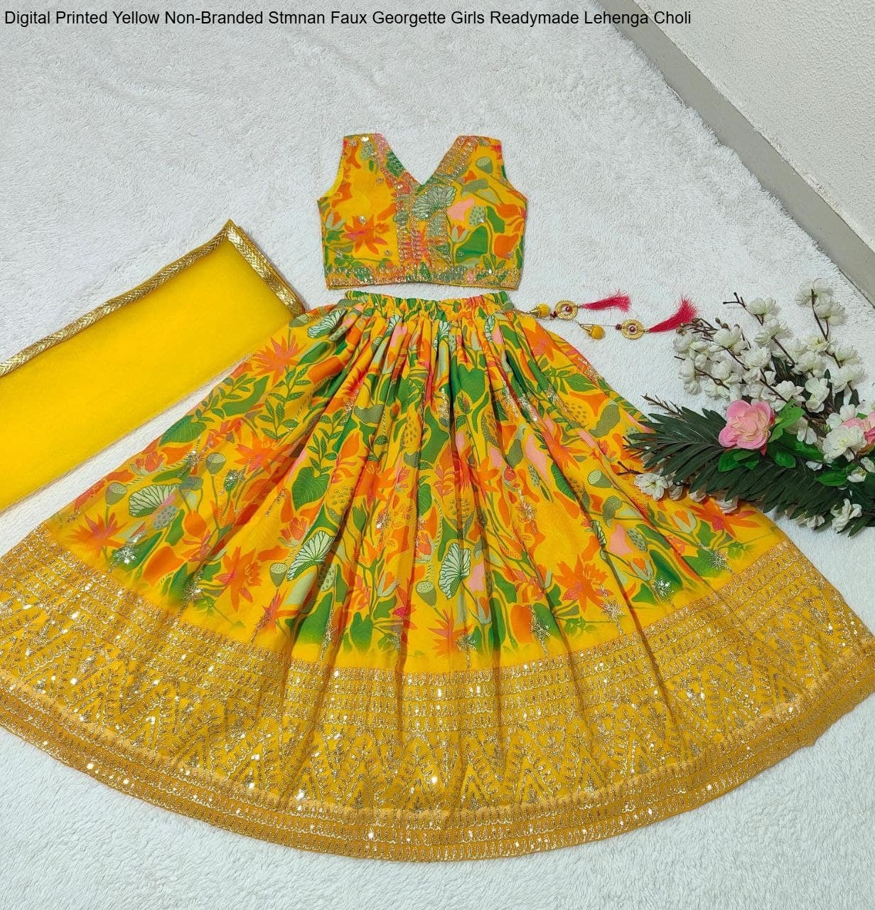 Digital Printed Yellow Non-Branded Stmnan Faux Georgette Girls Readymade Lehenga Choli