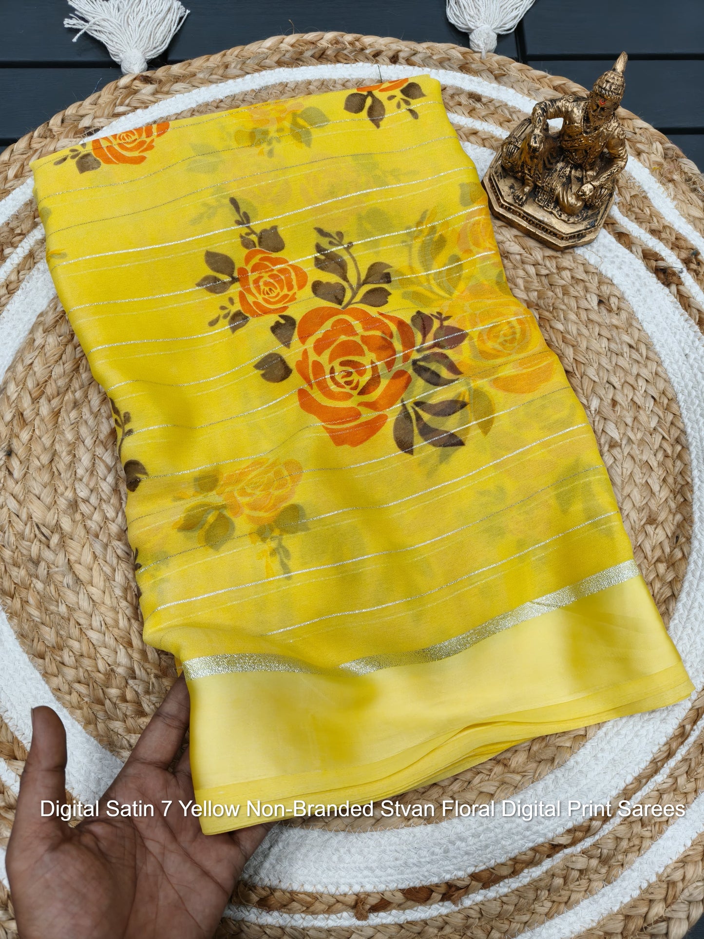 Digital Satin 7 Yellow Non-Branded Stvan Floral Digital Print Sarees