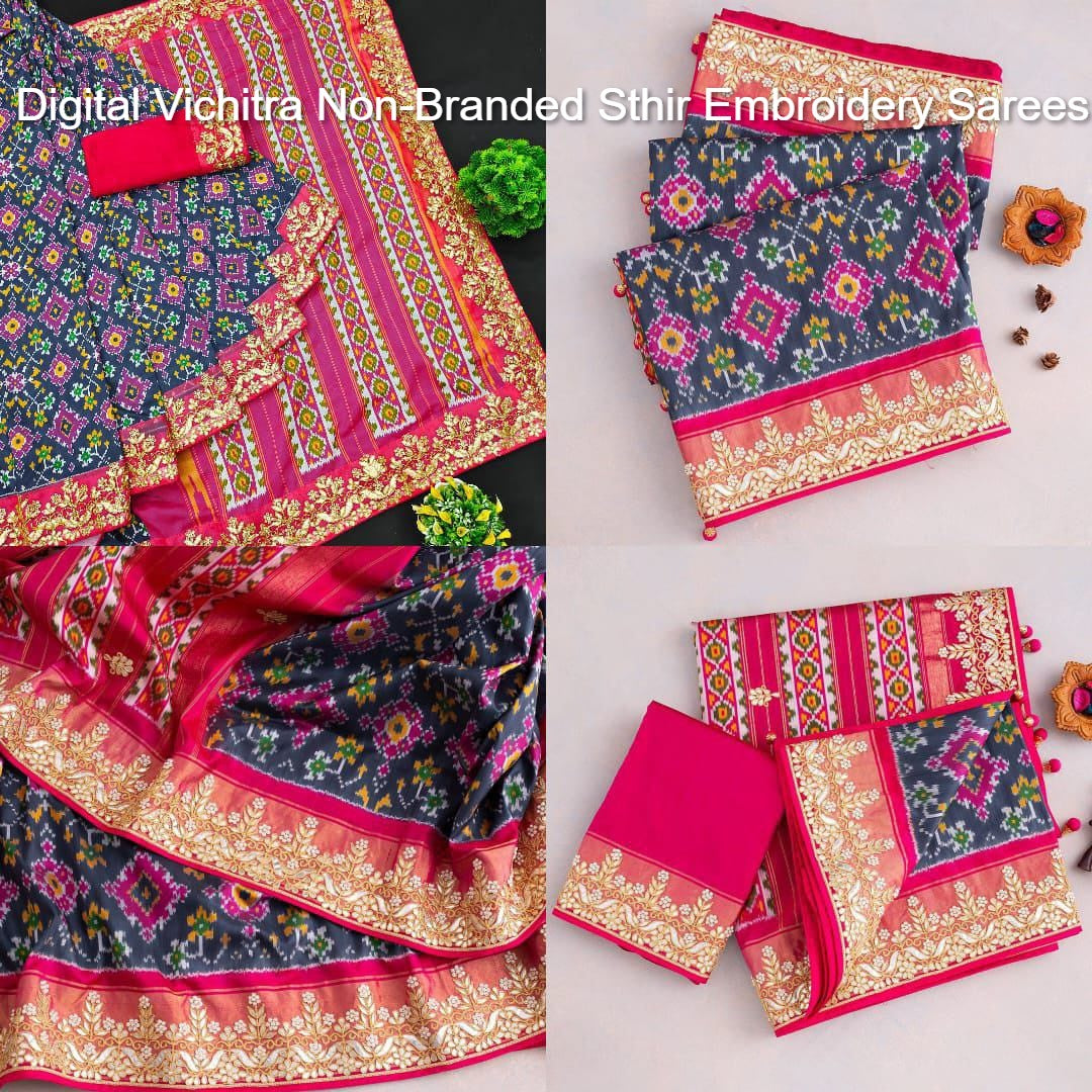 Digital Vichitra Non-Branded Sthir Embroidery Sarees