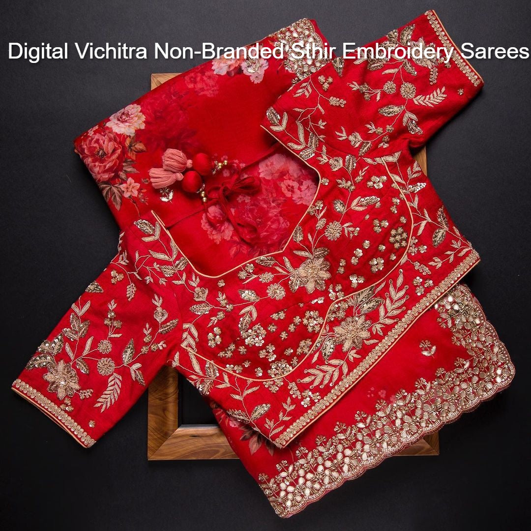 Digital Vichitra Non-Branded Sthir Embroidery Sarees
