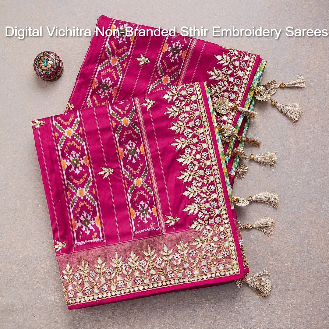 Digital Vichitra Non-Branded Sthir Embroidery Sarees