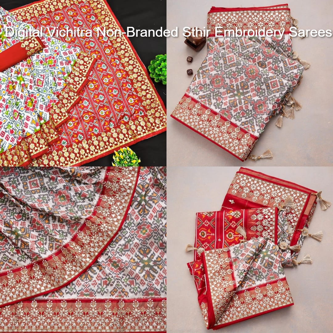 Digital Vichitra Non-Branded Sthir Embroidery Sarees